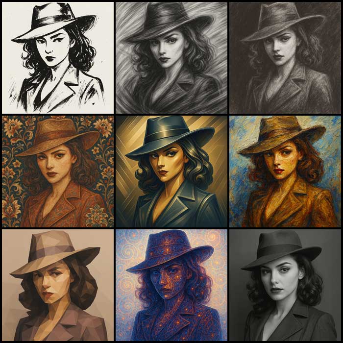 A nine-panel montage showing a stylized femme fatale character in a fedora, rendered in nine different artistic styles, including sketches, illustrations, and painterly interpretations.