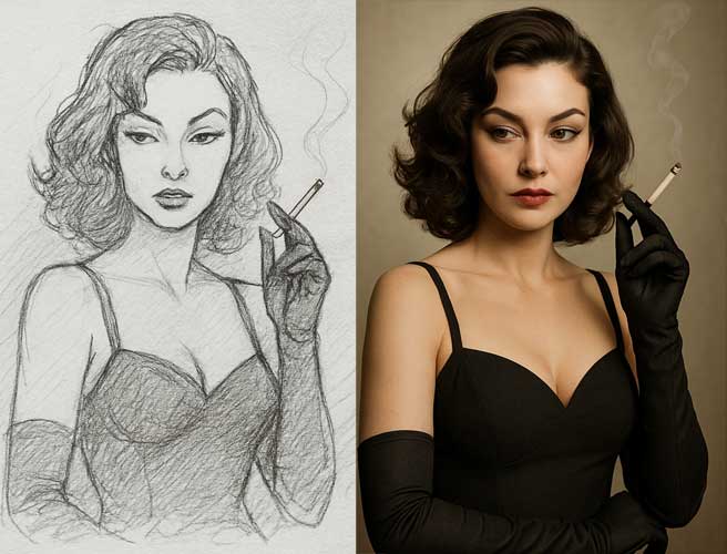 Side-by-side image showing a pencil sketch of a woman and the photo-realistic image generated from it.